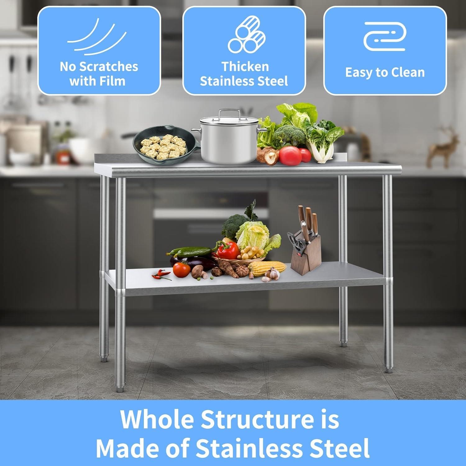 60» x 24» Stainless Steel Table for Prep & Work with Backsplash for Kitchen