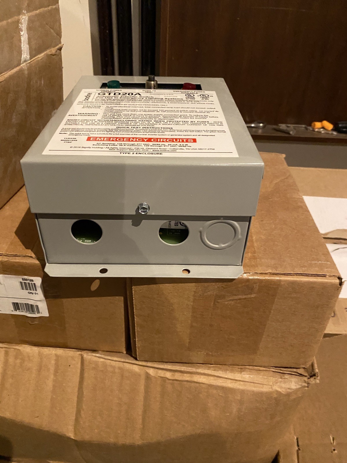 BODINE GTD20A 120/277V 50/60HZ 9W 20A TYPE 2 EMERGENCY LIGHTING TRANSFER SWITCH
