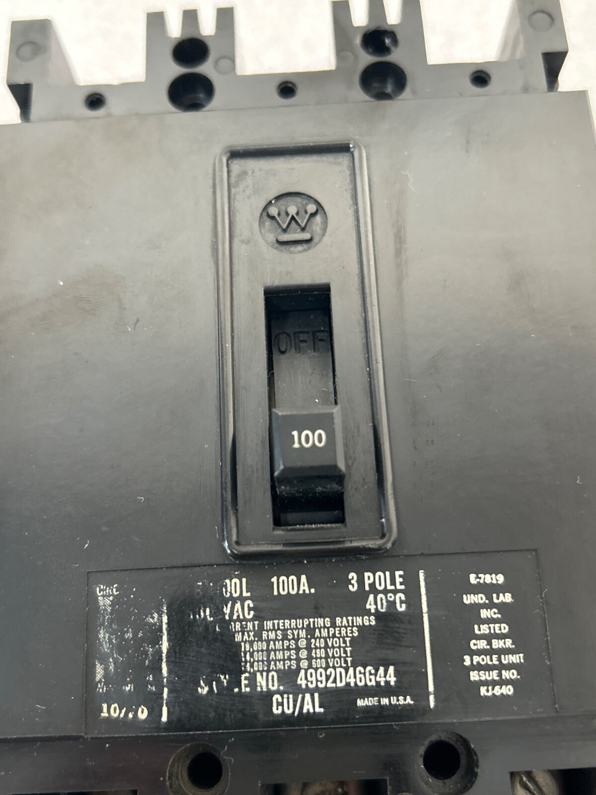 Westinghouse FB3400L 100A 600V 3PH Circuit Breaker 4992D46G44