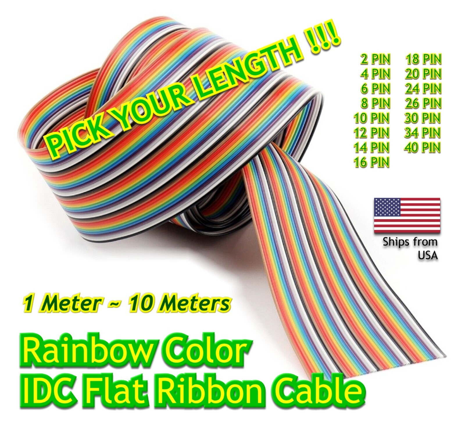 1M ~ 10M – Flat Rainbow Ribbon IDC Cable Wire Cable – 2 to 40 PINS (wires)