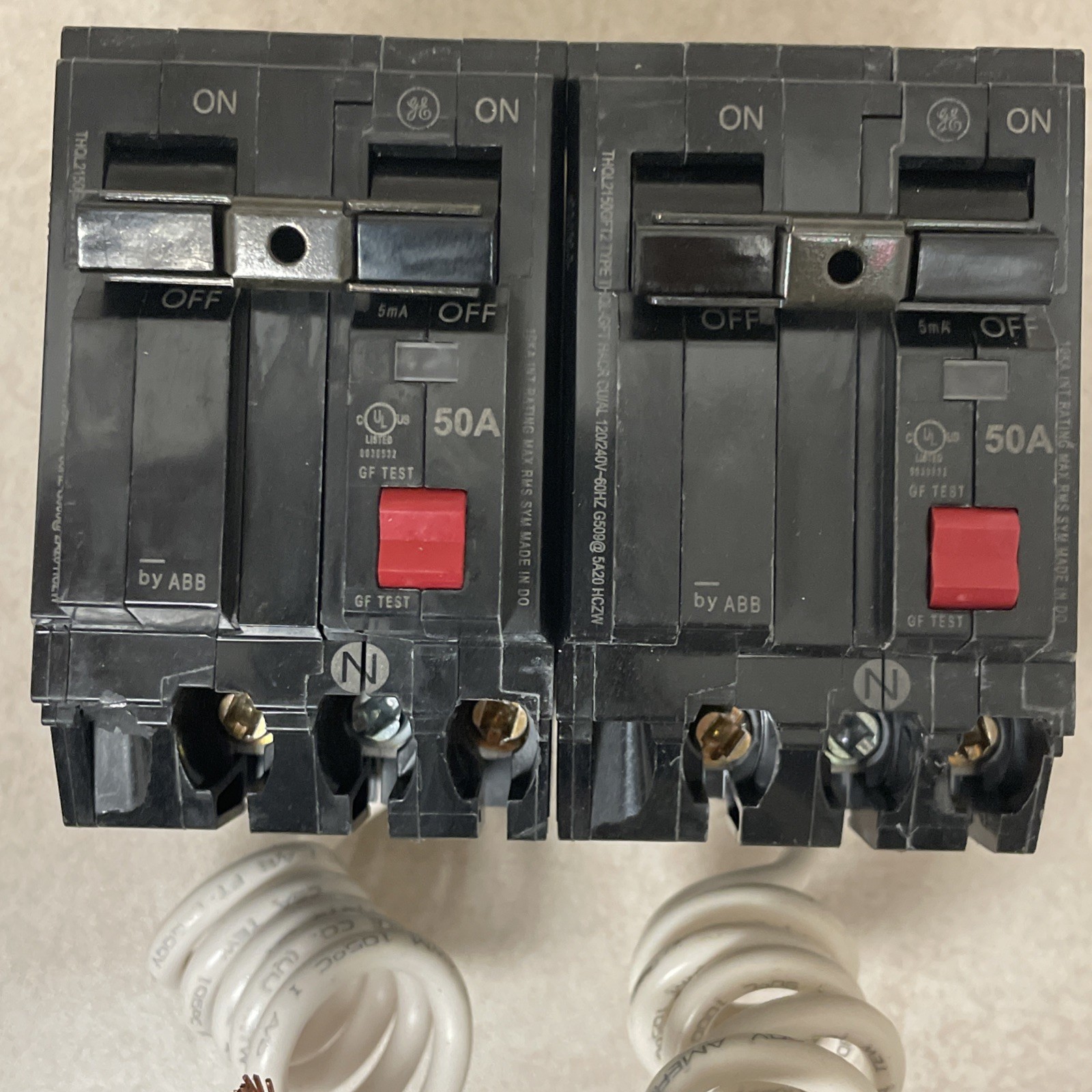 (2) GE Ground Fault Circuit Breaker THQL2150GFT2P 50A Double Pole 120/240 VAC
