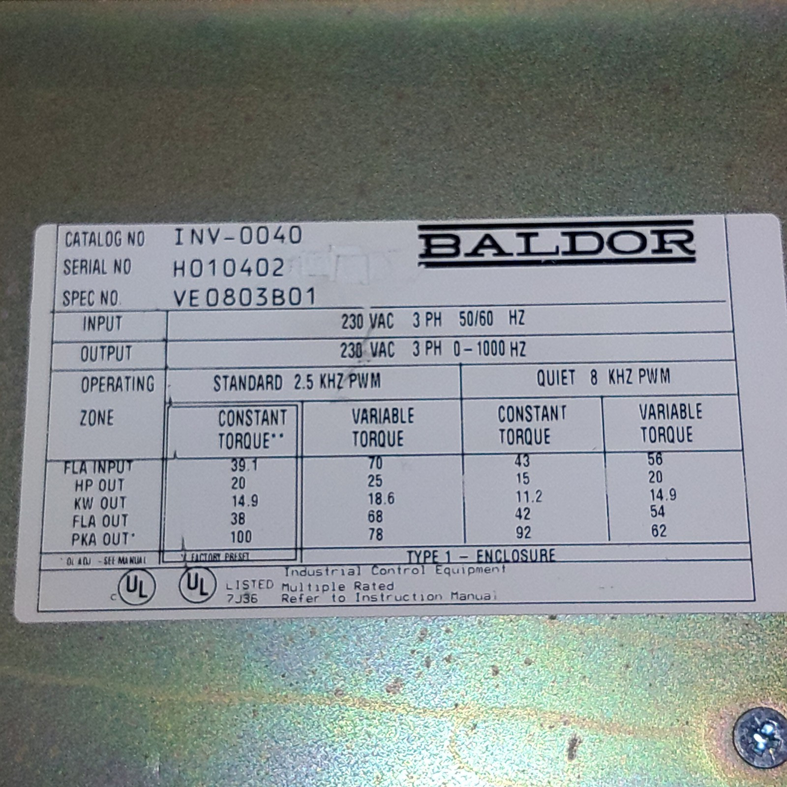Baldor INV-0040 Vector Spindle Drive for Fadal 15HT VE0803B01, same as INV-0020.