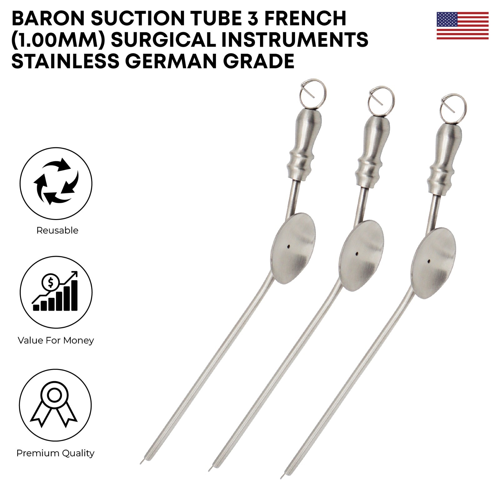 Baron Suction Tube 3 French (1.00mm) Stainless Steel Surgical Instruments