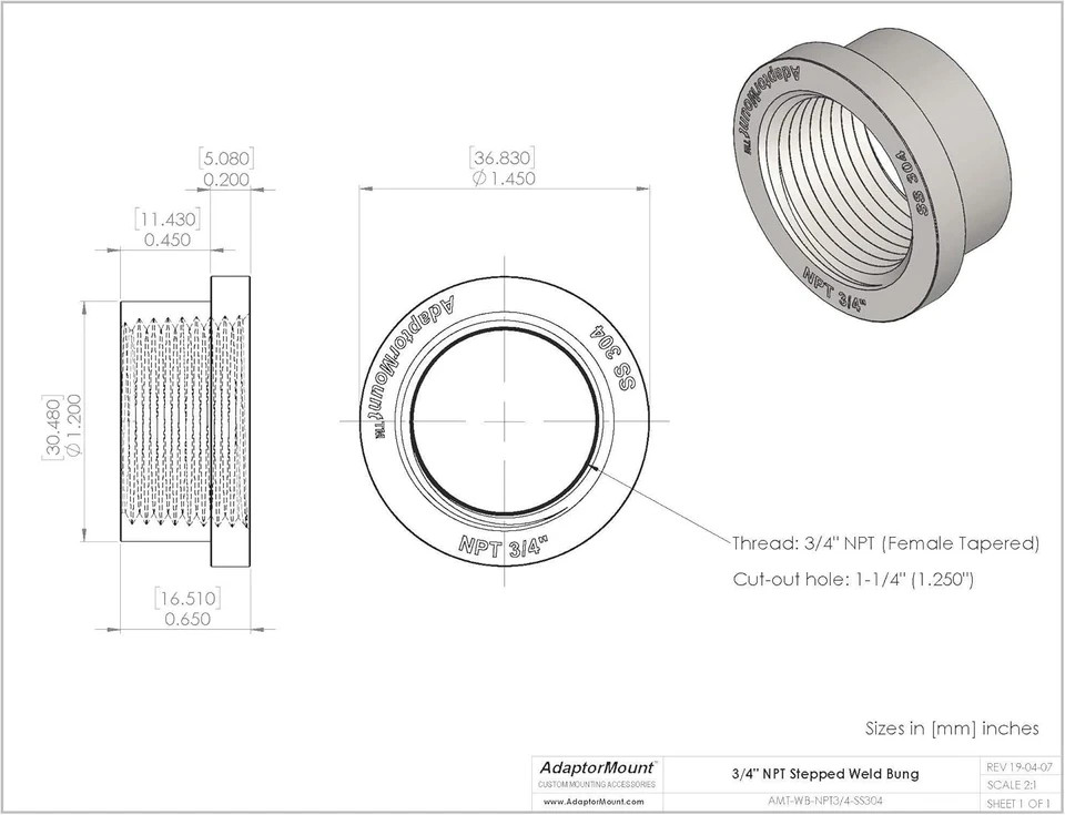 3/4″ NPT Stainless Steel 304 Female Threaded Stepped Weld Bung Mounting Fitting