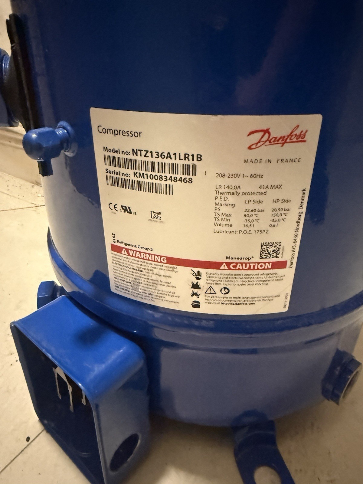 Danfoss NTZ136A1LR1B Hermetic Compressor Blue 208-230V 1 Phase