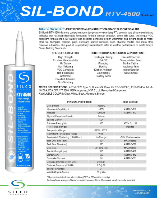 Silco Sil-Bond RTV 4500 High Strength Silicone Caulk 2 Tubes Clear 10.3oz