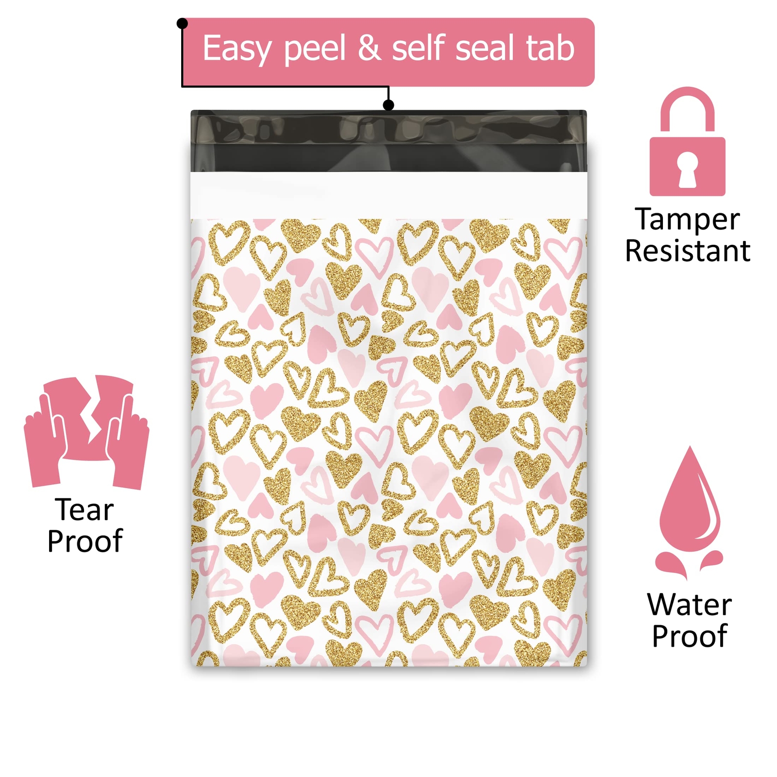 12×15 50 Pink and Gold Hearts Designer Poly Mailers Shipping Envelopes Premiu…