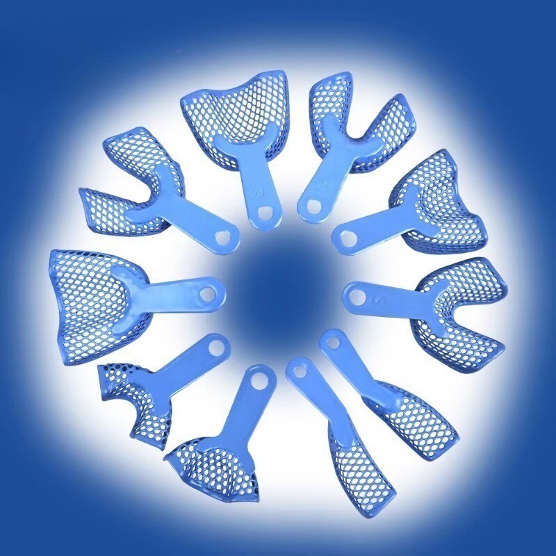 2pc Dental Plastic-Steel Impression Trays Mesh Shape Precise Blue L/M/S/Ant/Side
