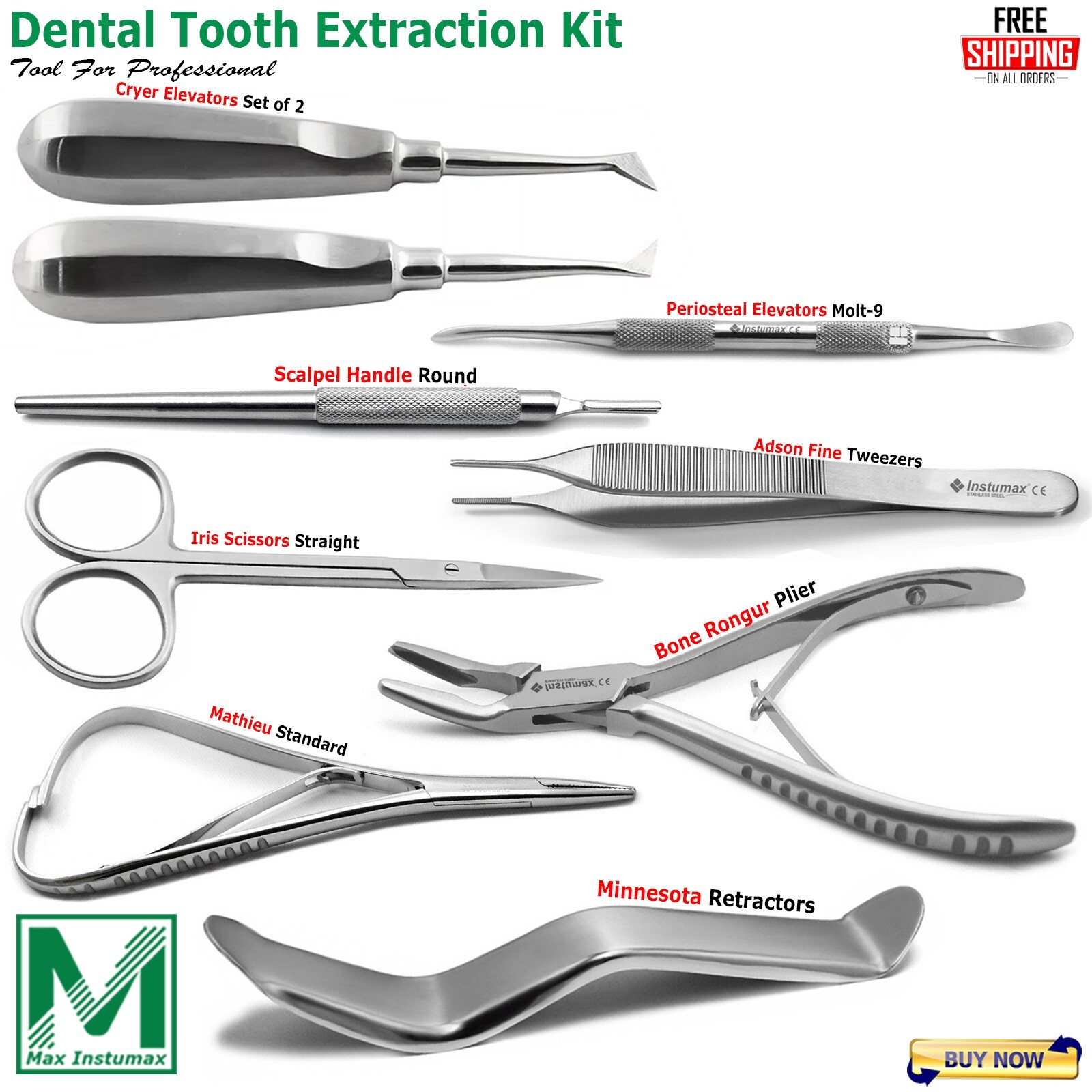 Dental Basic Extraction Kit Oral Surgery Root Elevators Rongeur Forceps