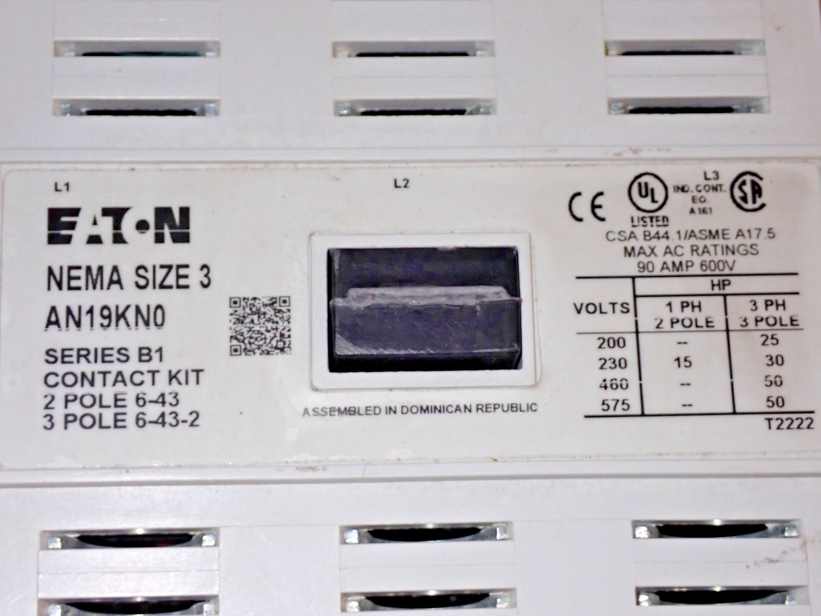 Eaton AN19KN0 Size 3 90 Amp600v Starter w/ 9-2756-1 120V Coil 20-100A OL S1022