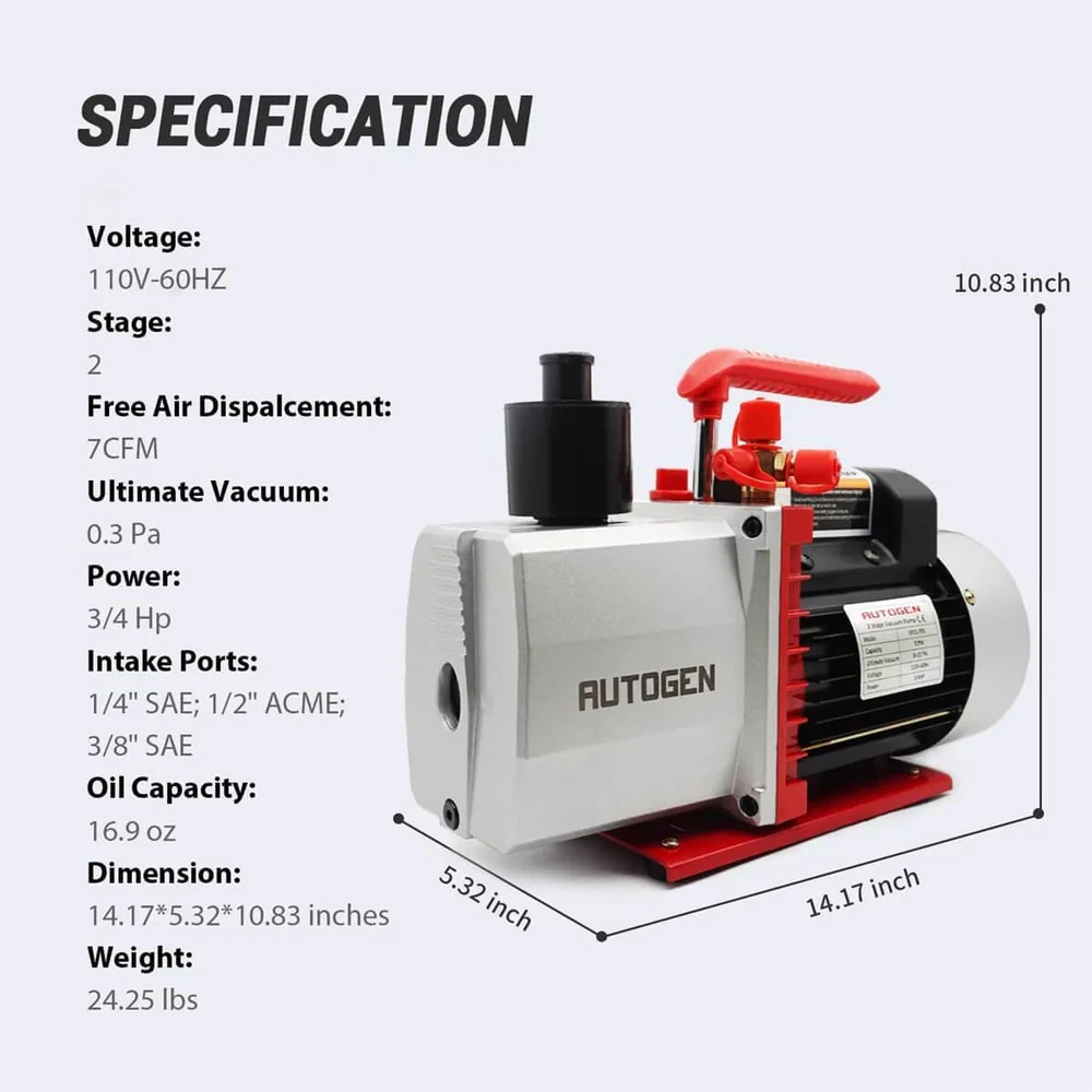 AUTOGEN 2-Stage 7CFM Vacuum Pump for HVAC and Refrigeration​ 3/4 HP
