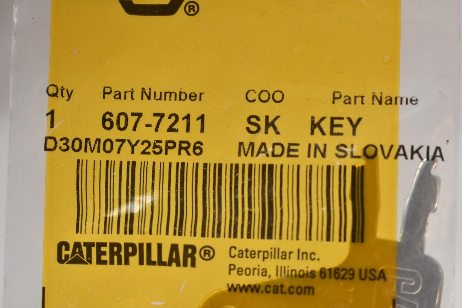 Caterpillar 607-7211 SK Key Silver Made In Slovakia CAT Equipment Part OEM