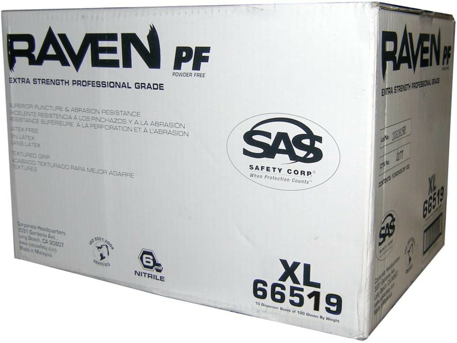 SAS Safety 66518 Raven Powder-Fre​e Black Nitrile 6 Mil Gloves, Large, 30 Pack.