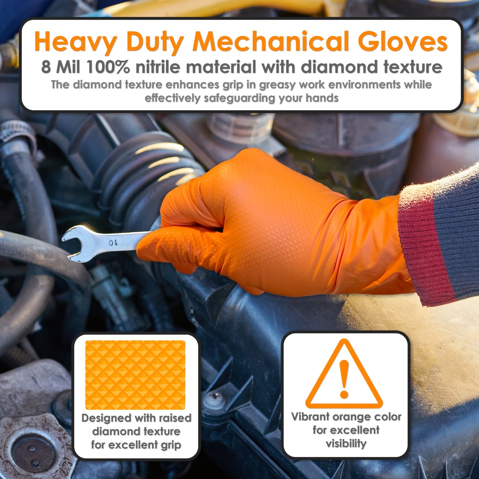 8 Mil Orange Disposable Nitrile Gloves. Raised Diamond Texture – Large- 10 Boxes
