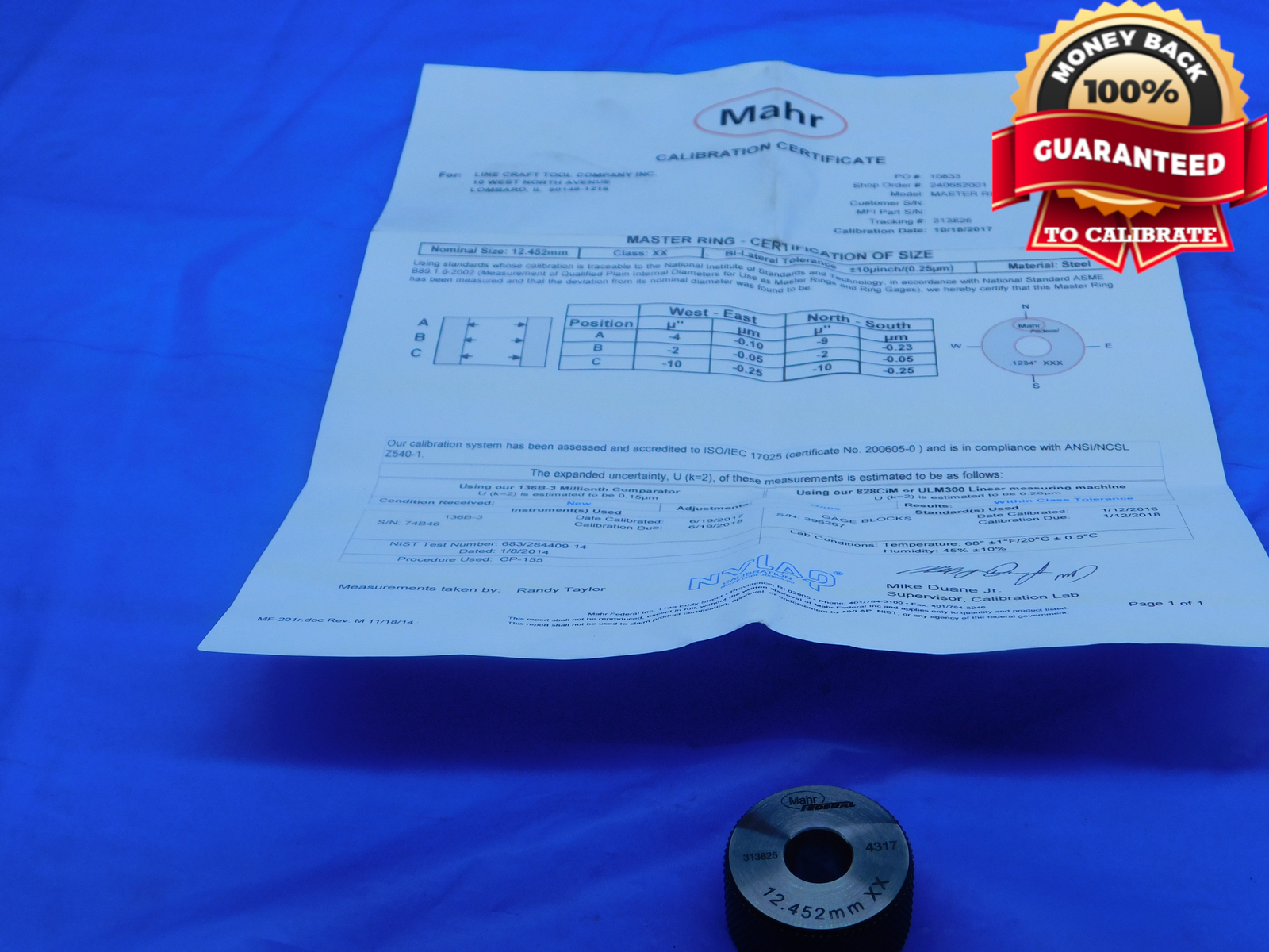CERTIFIED 12.450 CL XX MASTER PLAIN BORE RING GAGE 12.500 13 mm .4902 12.45