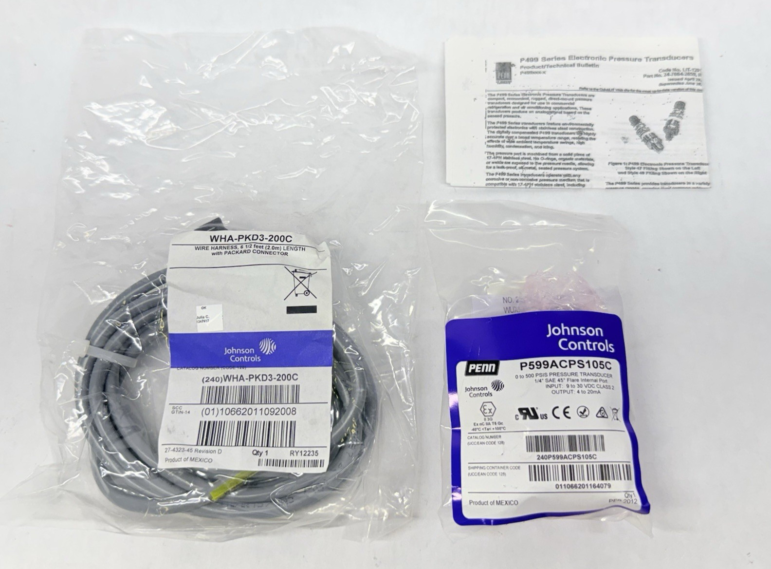 NEW Johnson Controls P599ACPS105K Pressure Transducer Kit 0-500 PSI, 0-20 mA