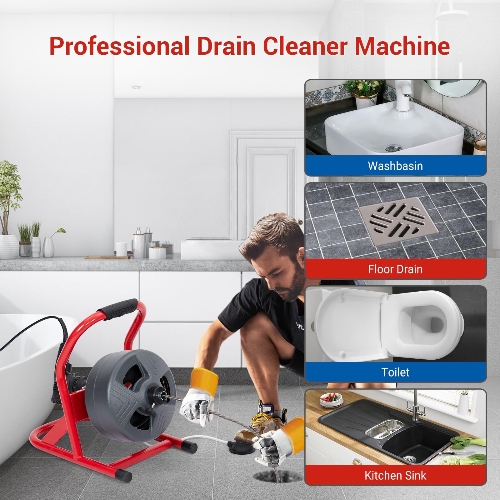 50Ft x 5/16 Inch Drain Cleaner Machine, Electric Drain Auger Cleaner Sewer Snake