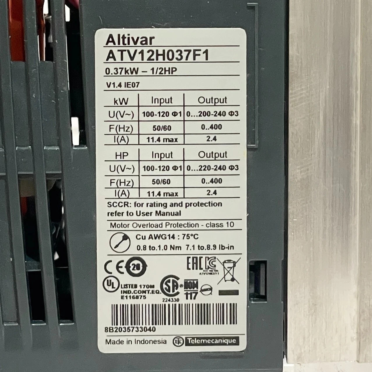 SCHNEIDER ELECTRIC ALTIVAR 12 ATV12H037F1 INVERTER 0.37KW 1/2HP 100-120V