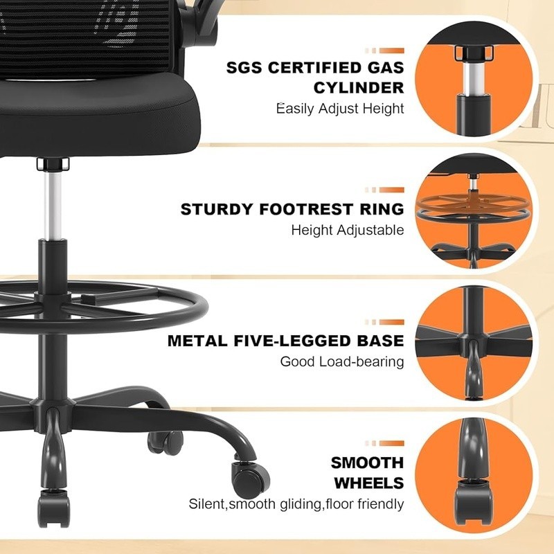 Ergonomic Drafting Chair Adjustable Lumbar Support Flip-up Armrests Footrest