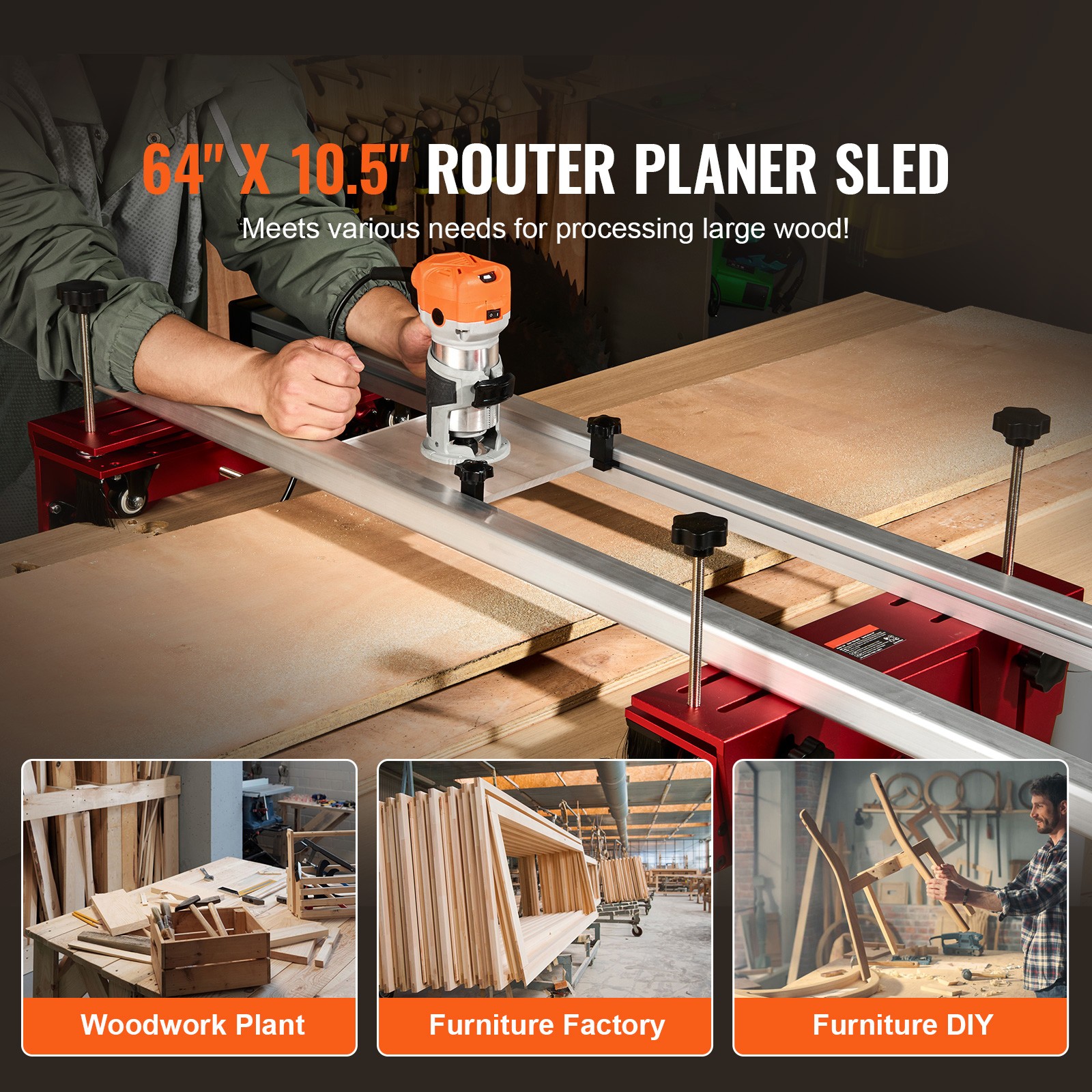 VEVOR Router Sled Adjustable Wood Slab Flattening Mill Router Jig 64″ Length