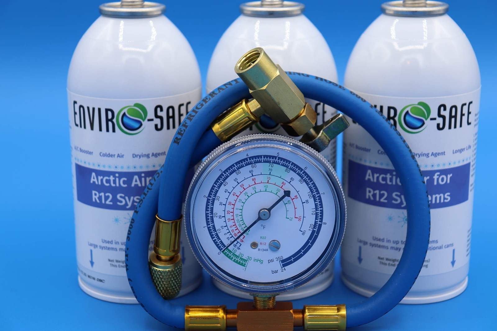 R12 Refrigerant – 3 Cans with Brass Charging Gauge for Air Conditioning Repair