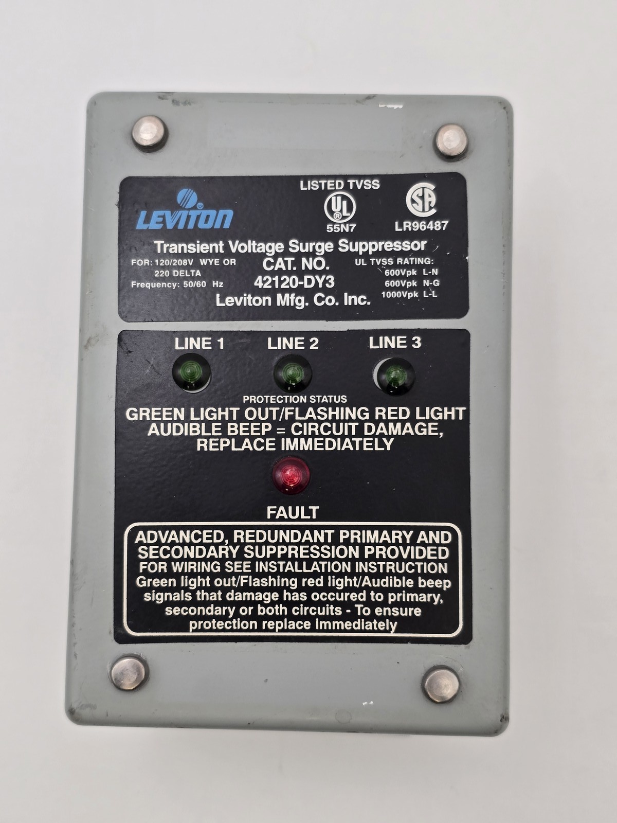 Leviton 42120-DY3 Transient Voltage Surge Suppressor 120/208V WYE or 220 Delta