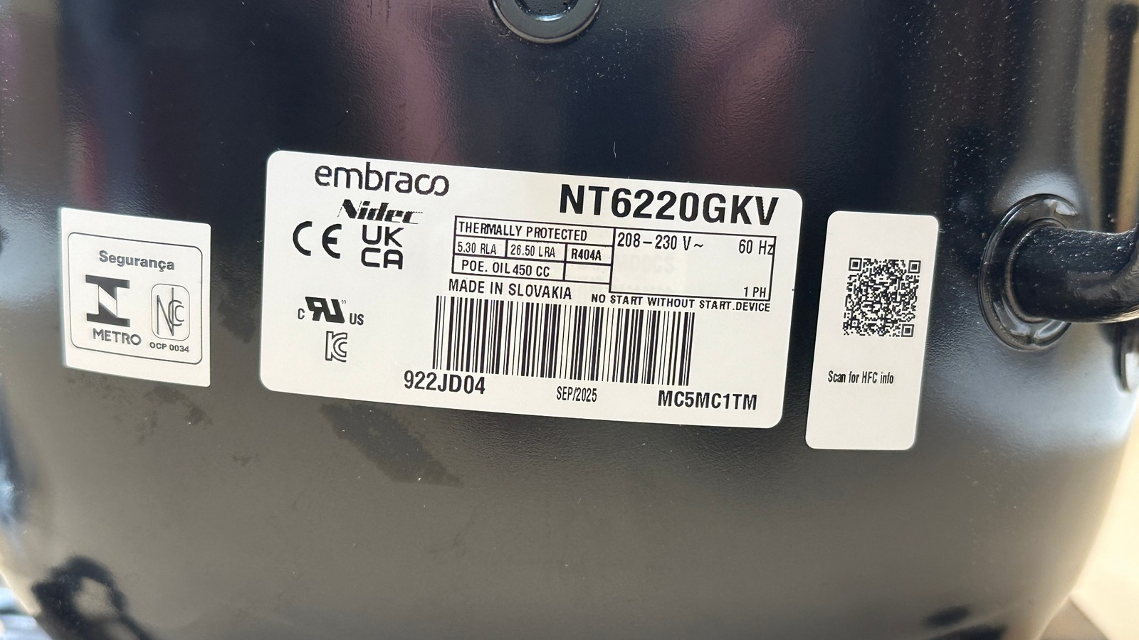 Embraco Compressor NT6220GKV 3/4HP 208-230V 60Hz R404A