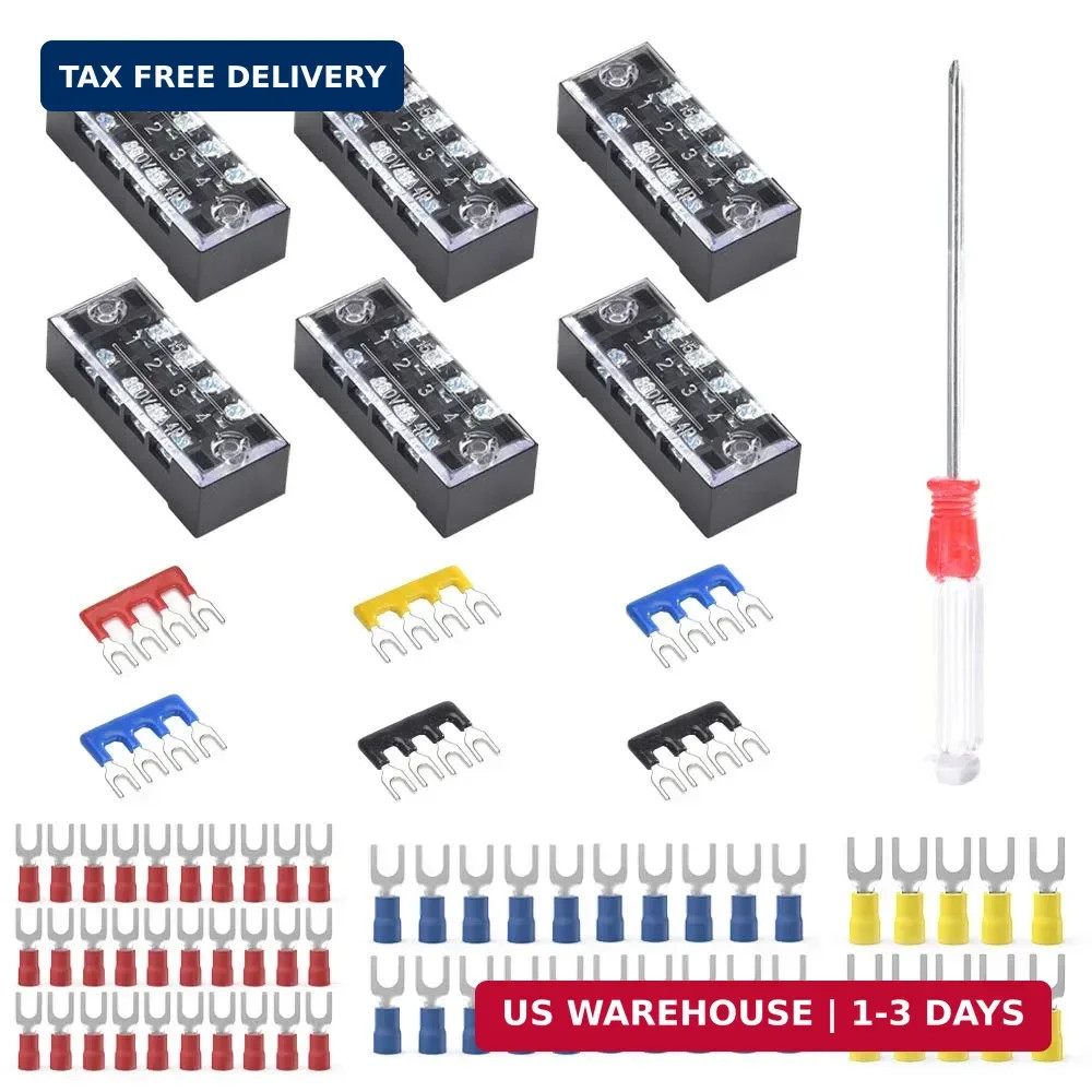73Pcs(6Sets) Terminal Block Set, 6Pcs 4 Positions 600V 15A Dual Row Screw Termin