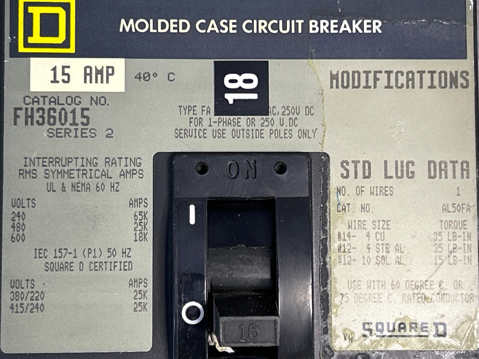 Square D FH36015 15A 600V 3PH 250VDC Circuit Breaker Series 2