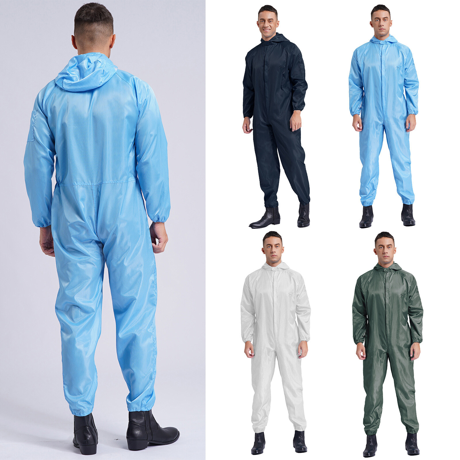 US Mens Anti-static Hooded Long Sleeve Coveralls Dustproof Front Zipper Overalls