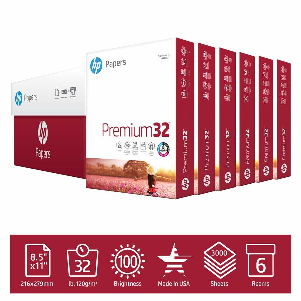 HP Printer Paper Premium 32lb, 8.5×11, 100 Bright, 6 Ream Case, 3000 Sheets