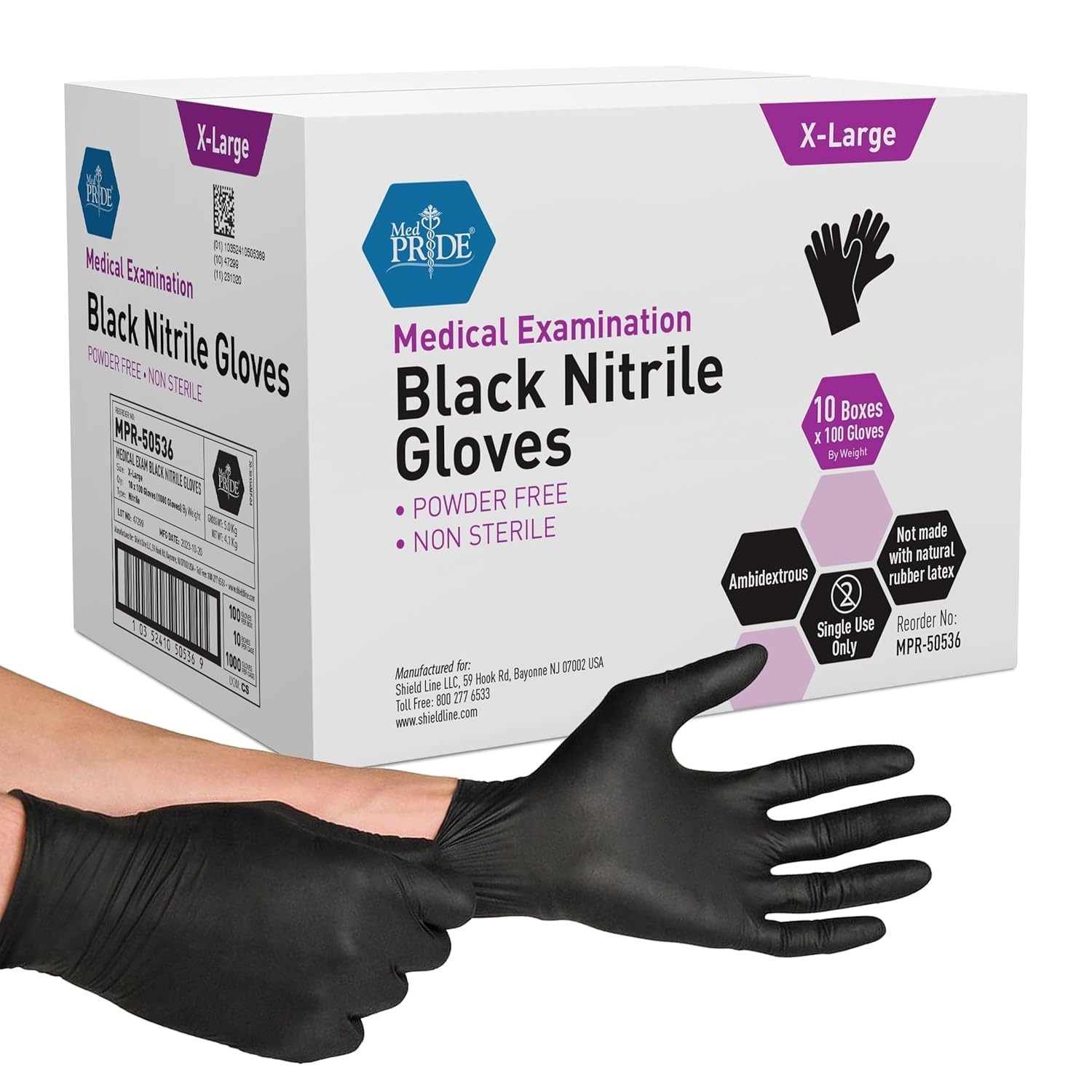 MedPride Medical Examination Nitrile Gloves,N/S Powd Free, X-Large-Black-1000/CS