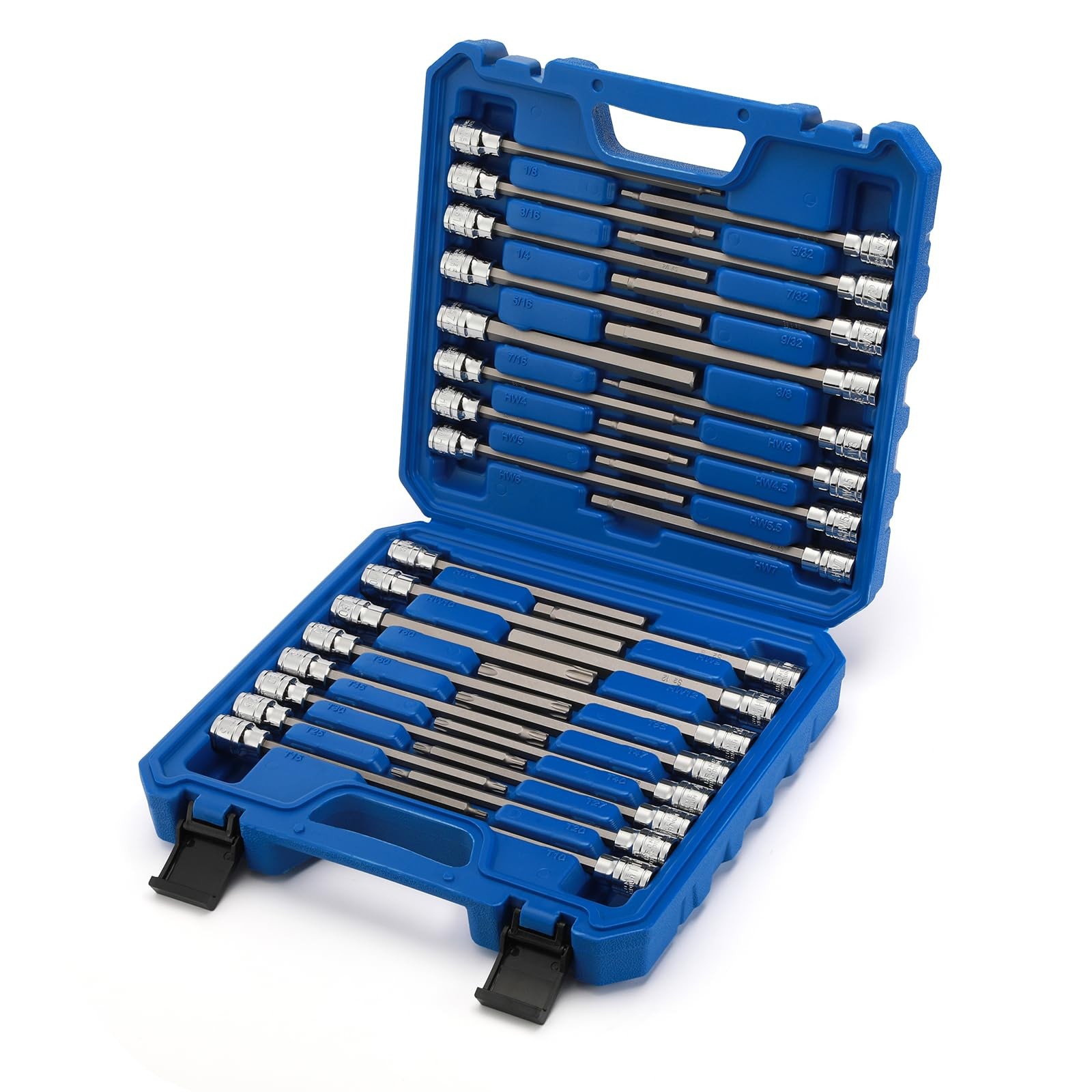 32 Piece Extra Long Hex Torx Bit Socket Set 3/8 Drive CR-V S2 Steel 5.9In Chrome