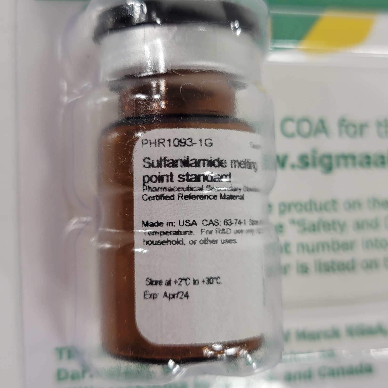 Expired Sigma-Aldrich PHR1093-1G Sulfanilamide Melting Point CRM Standard 1g