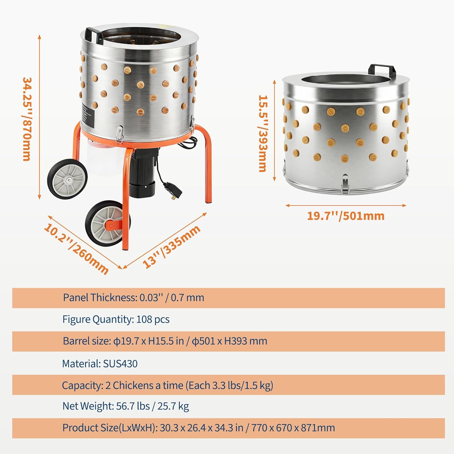 Motor Feather Plucker Stainless Steel Drum Chicken Plucker Machine 120V 3500RPM