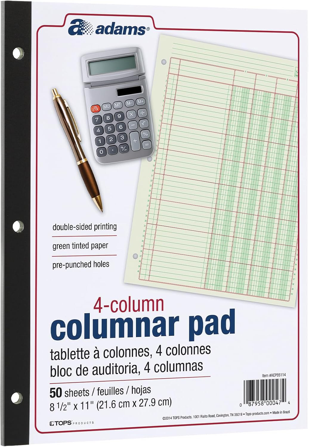 Columnar Analysis Pad, 4 Column Ledger, 8.5″ X 11″, 100 Pages (50 Sheets), Green
