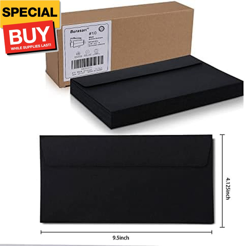 100Qty#10 Black Business envelopes 4.125×9.5In- windowless design 120GSM paper e