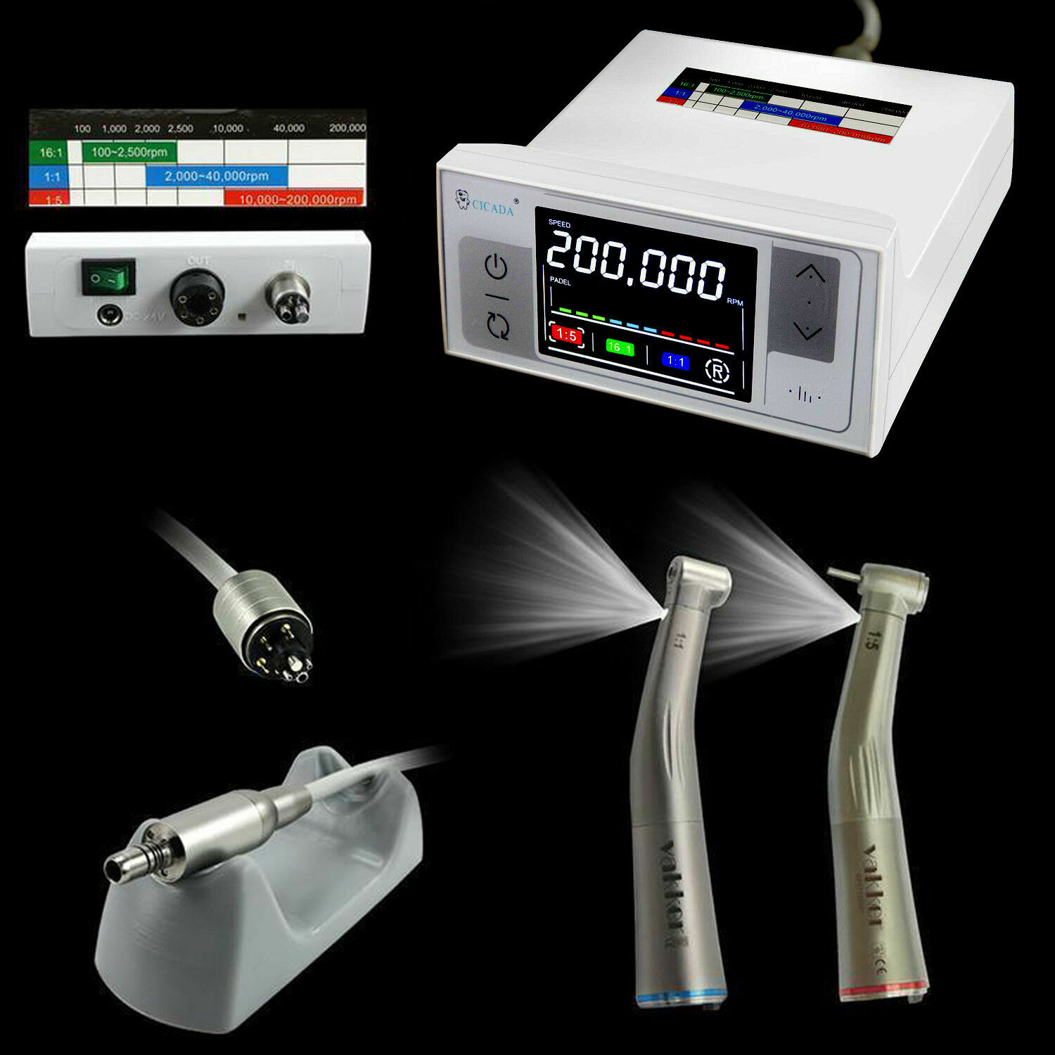 CICADA Dental Electric Motor LED Display + 1:1 1:5 Handpiece Contra Angle