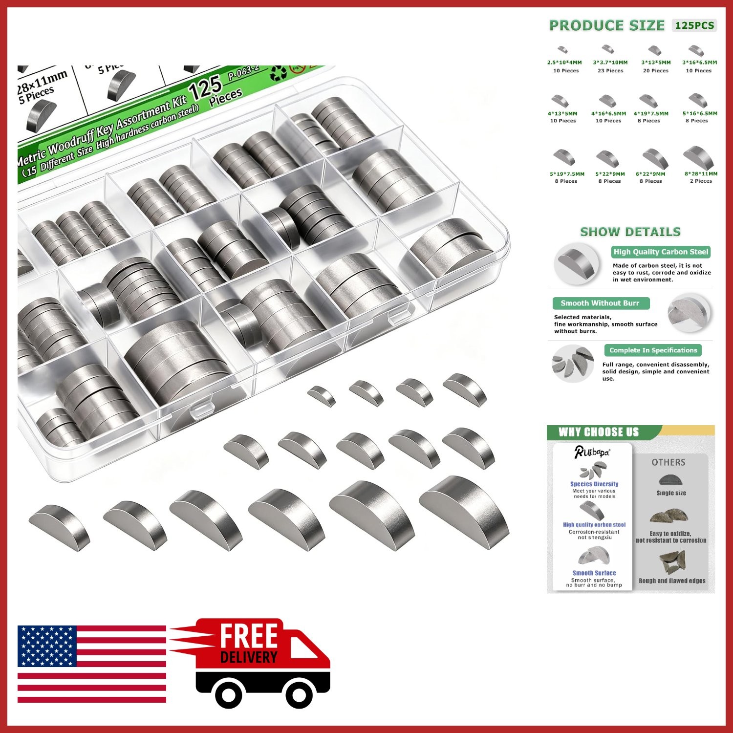 12 Sizes Woodruff Key Set 125PCS for Automotive and Machinery Applications