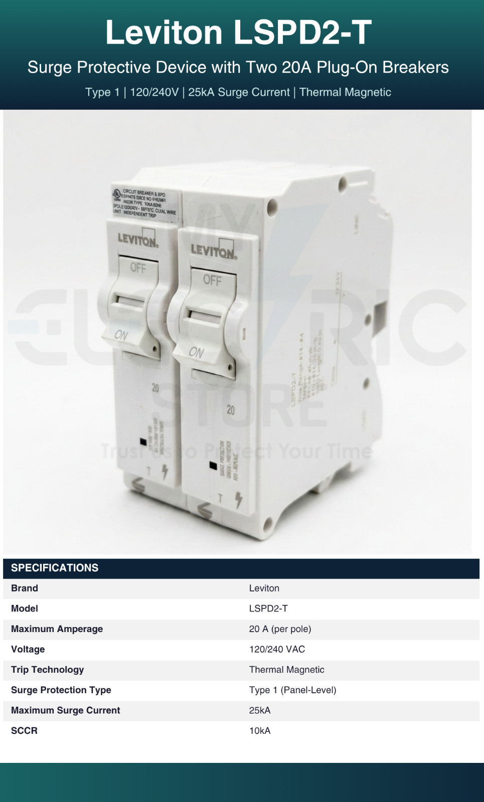 LEVITON LSPD2-T 20A SURGE PROTECTIVE DEVICE PLUG-ON BREAKERS TYPE 1 120V UL NEW