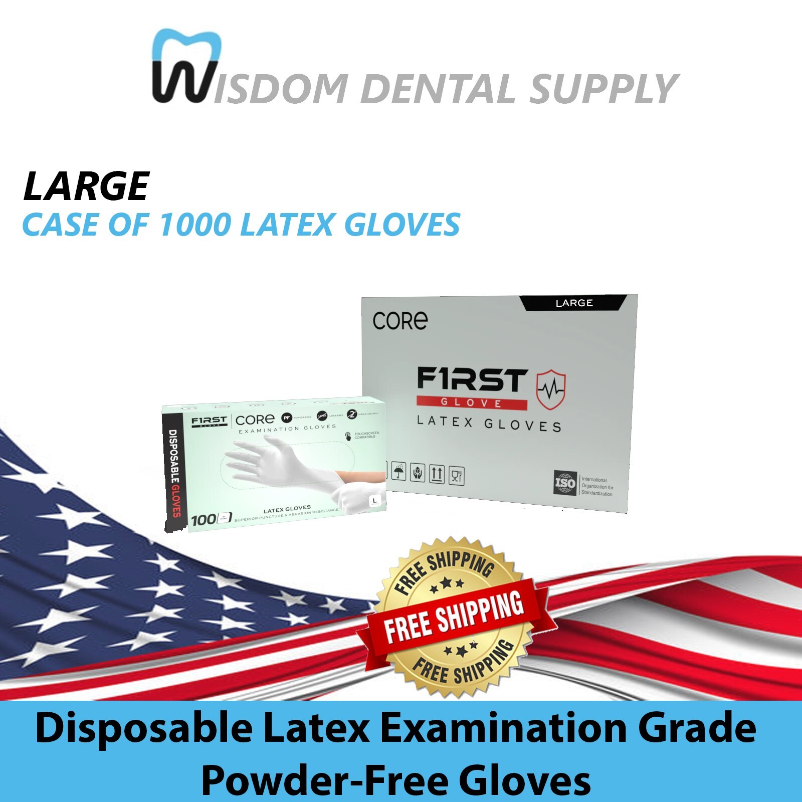 First Glove Core Latex Gloves Examination Grade Powder-Free Gloves-LARGE-1000Pcs
