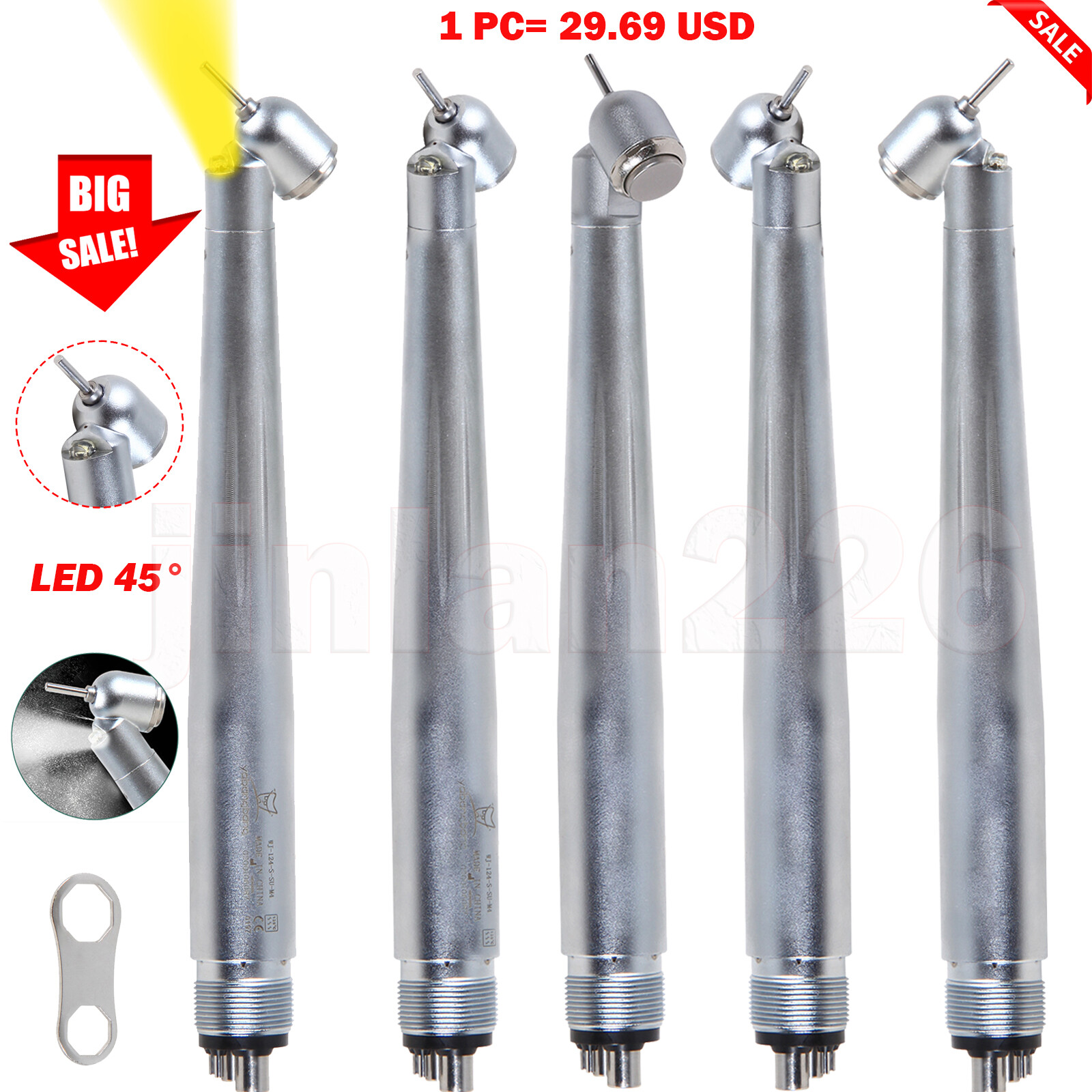 LED Dental Surgical Handpiece 45° Angle 4 Hole Midwest Rear Exhaust Impact Air