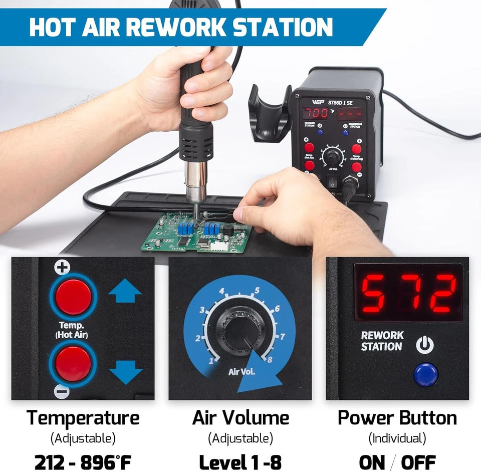 WEP Digital Rework Station Portable Soldering Iron Kit Hot Air Gun Desolder Tool