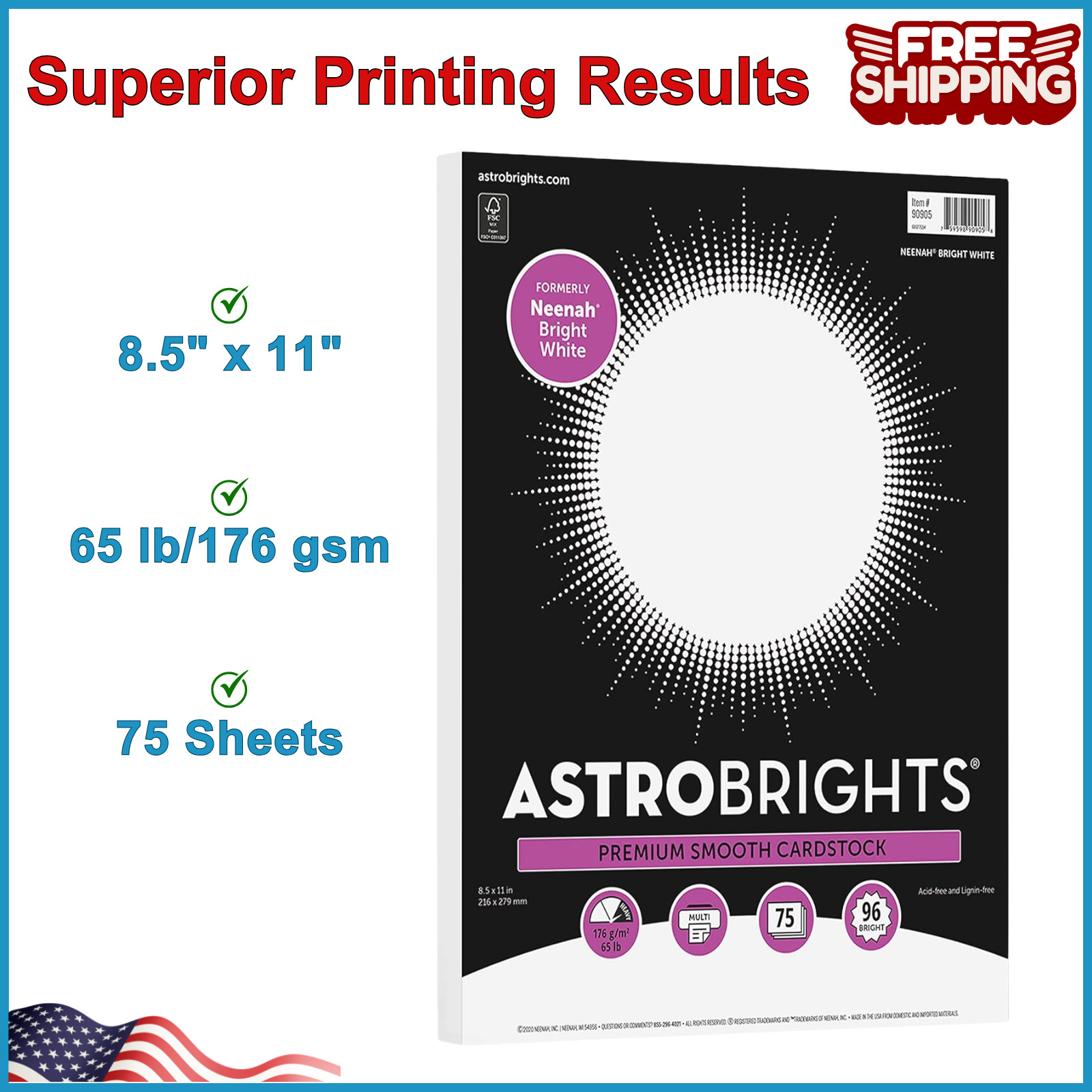 Astrobrights/Neenah Bright White Cardstock, 8.5×11″, 65lb/176gsm, White,75 Sheet