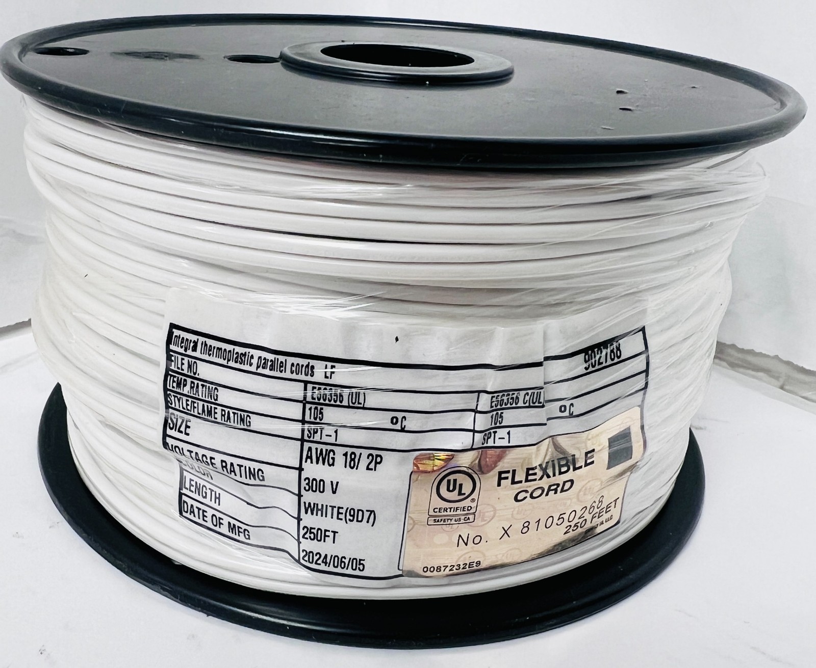 White SPT-1 Plastic Lamp Cord Wire 18 AWG 2 Conductor Zip Cord 250 Feet Bulk
