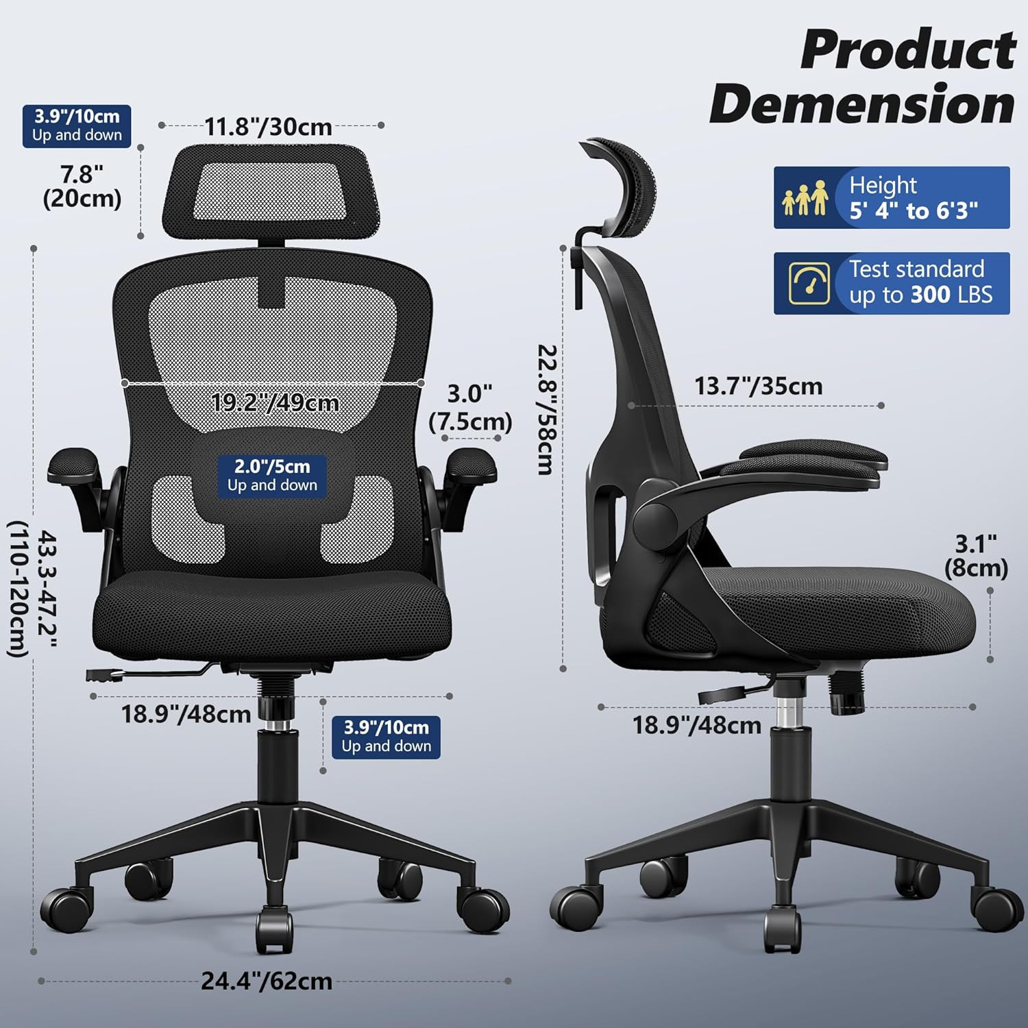 Ergonomic Office Chair, High Back Desk Chair with Flip-Up Arms, 300 LBS Mesh Com