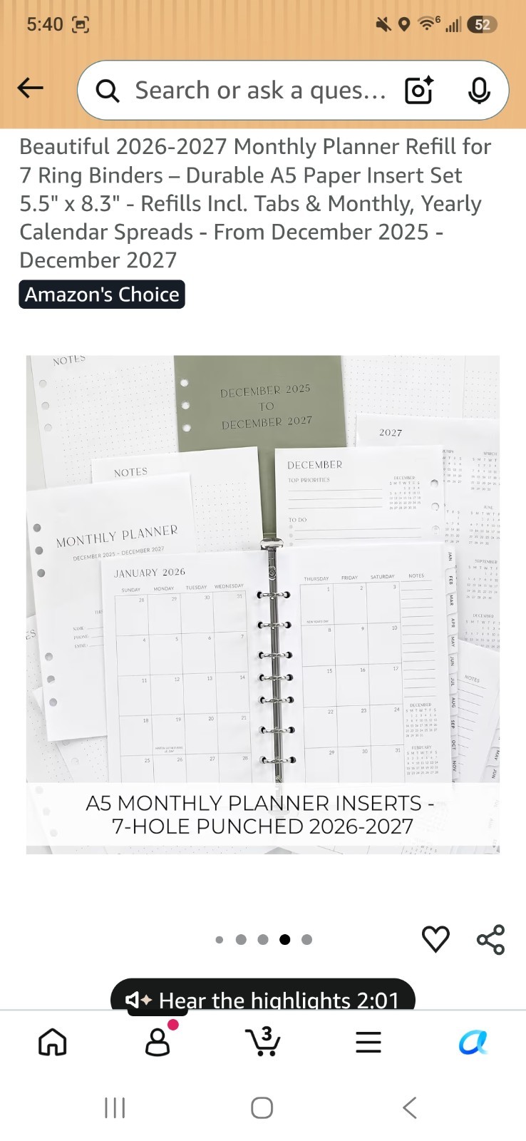 Zicoto Planner Refill Dec 2025-Dec 2027 5.5″x8.3″