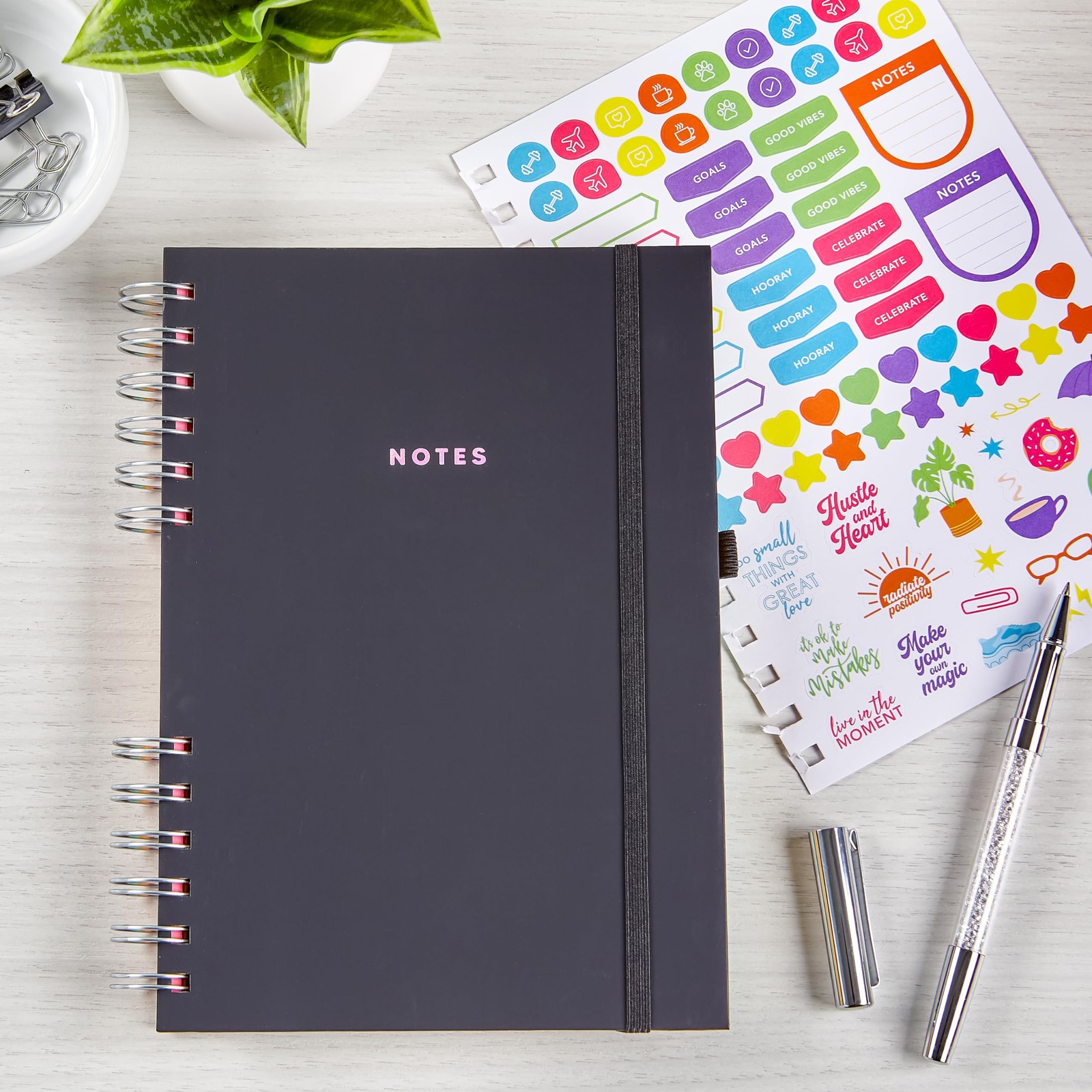 Astrobrights Black Matte Twin Wire Journal with 80 Colorful Stickers 180 Pages