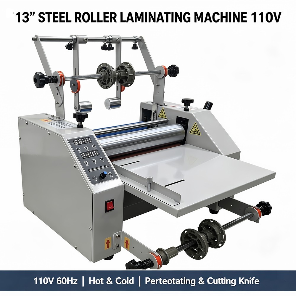 13″ Steel Roller Laminator Hot&Cold Laminating Machine Adhesive Roll Laminater