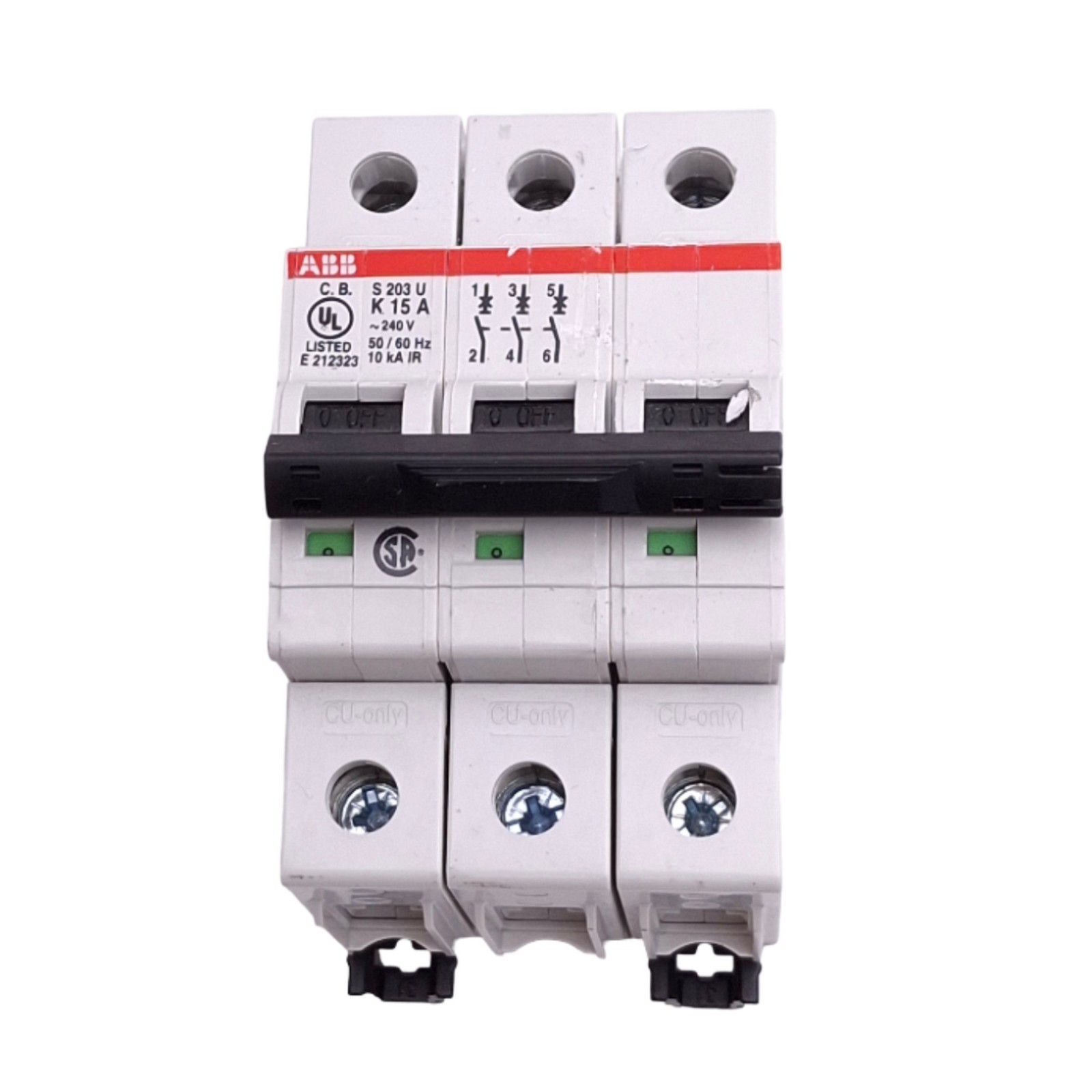 ABB S203U-K15A Circuit Breaker, 3-Pole 15A, 240VAC Max, DIN Rail Mount